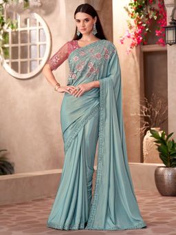 Akhilam - Women's Georgette Turquoise Embellished Saree with Unstitched Blouse