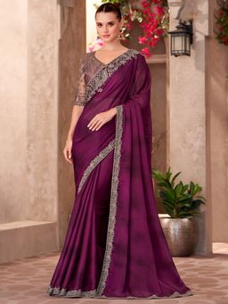 Akhilam - Women's Chiffon Burgundy Embellished Designer Saree with Unstitched Blouse