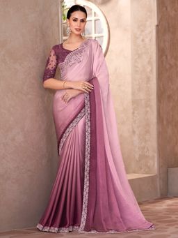 Akhilam - Women's Chiffon Mauve Embellished Designer Saree with Unstitched Blouse