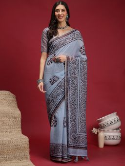 Akhilam - Women's Cotton Linen Lavender Digital Print Saree with Unstitched Blouse