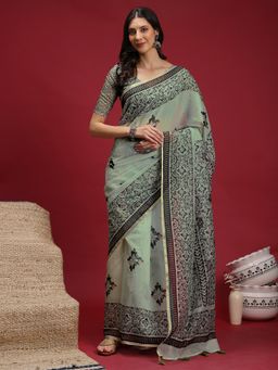 Akhilam - Women's Cotton Linen Olive Digital Print Saree with Unstitched Blouse