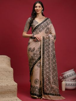 Akhilam - Women's Cotton Linen Peach Digital Print Saree with Unstitched Blouse