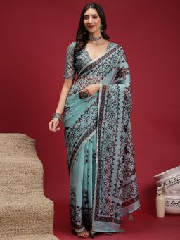 Akhilam - Women's Cotton Linen Turquoise Digital Print Saree with Unstitched Blouse