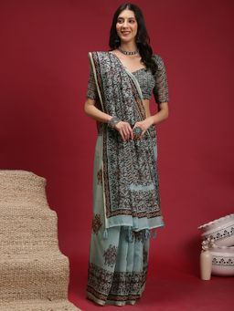 Akhilam - Women's Cotton Linen Turquoise Digital Print Saree with Unstitched Blouse