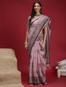 Akhilam - Women's Cotton Linen Pink Digital Print Saree with Unstitched Blouse