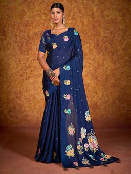 Akhilam - Women's Chinon Blue Printed Designer Saree with Unstitched Blouse