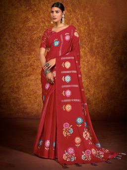 Akhilam - Women's Chinon Red Printed Designer Saree with Unstitched Blouse