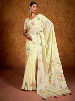 Akhilam - Women's Chinon Off White Printed Designer Saree with Unstitched Blouse