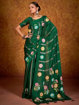 Akhilam - Women's Chinon Green Printed Designer Saree with Unstitched Blouse