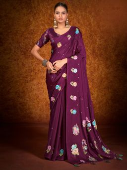 Akhilam - Women's Chinon Burgundy Printed Designer Saree with Unstitched Blouse