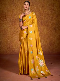Akhilam - Women's Chinon Mustard Printed Designer Saree with Unstitched Blouse