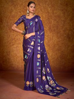 Akhilam - Women's Chinon Purple Printed Designer Saree with Unstitched Blouse