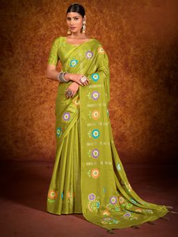 Akhilam - Women's Chinon Light Green Printed Designer Saree with Unstitched Blouse