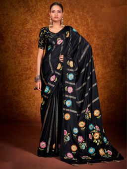 Akhilam - Women's Chinon Black Printed Designer Saree with Unstitched Blouse