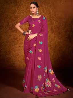 Akhilam - Women's Chinon Pink Printed Designer Saree with Unstitched Blouse