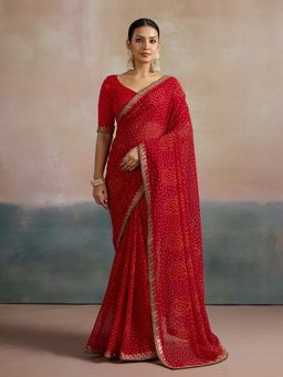Akhilam - Women's Georgette Red Printed Designer Saree with Unstitched Blouse