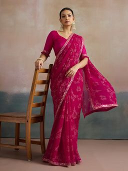 Akhilam - Women's Georgette Pink Printed Designer Saree with Unstitched Blouse