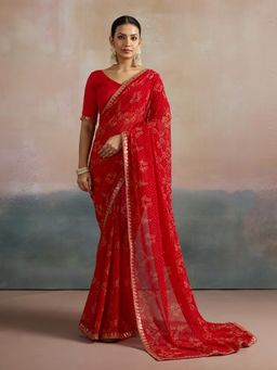 Akhilam - Women's Georgette Red Printed Designer Saree with Unstitched Blouse