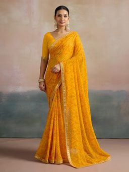 Akhilam - Women's Georgette Yellow Printed Designer Saree with Unstitched Blouse