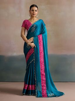Akhilam - Women's Chiffon Light Blue Embellished Designer Saree with Unstitched Blouse