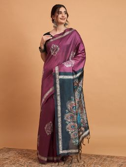 Akhilam - Women's Cotton Blend Purple Printed Designer Saree with Unstitched Blouse