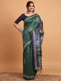 Akhilam - Women's Cotton Blend Green Printed Designer Saree with Unstitched Blouse