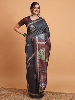 Akhilam - Women's Cotton Blend Grey Printed Designer Saree with Unstitched Blouse