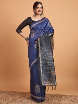 Akhilam - Women's Cotton Blend Blue Printed Designer Saree with Unstitched Blouse