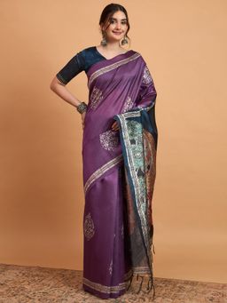 Akhilam - Women's Cotton Blend Purple Printed Designer Saree with Unstitched Blouse