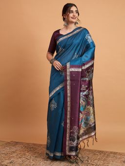 Akhilam - Women's Cotton Blend Teal Blue Printed Designer Saree with Unstitched Blouse