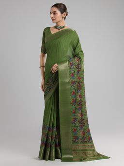 Akhilam - Women's Tussar Silk Green Printed Designer Saree with Unstitched Blouse