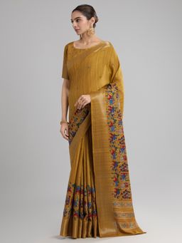 Akhilam - Women's Tussar Silk Mustard Printed Designer Saree with Unstitched Blouse