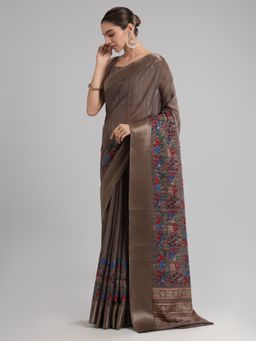 Akhilam - Women's Tussar Silk Taupe Printed Designer Saree with Unstitched Blouse