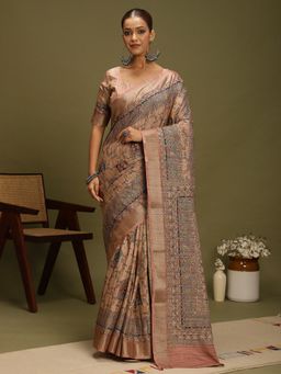 Akhilam - Women's Satin Silk Beige Digital Print Designer Saree with Unstitched Blouse