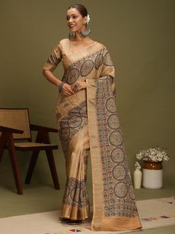 Akhilam - Women's Satin Silk Beige Digital Print Designer Saree with Unstitched Blouse