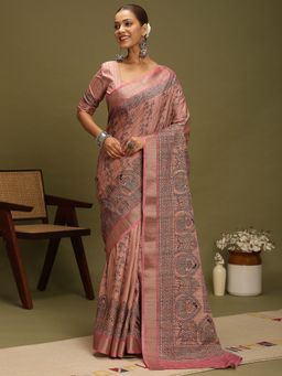 Akhilam - Women's Satin Silk Pink Digital Print Designer Saree with Unstitched Blouse
