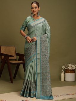 Akhilam - Women's Satin Silk Light Blue Digital Print Saree with Unstitched Blouse