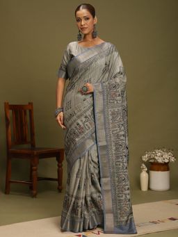 Akhilam - Women's Satin Silk Grey Digital Print Designer Saree with Unstitched Blouse