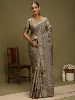 Akhilam - Women's Satin Silk Beige Digital Print Designer Saree with Unstitched Blouse