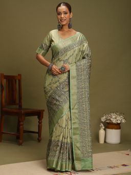 Akhilam - Women's Satin Silk Sea Green Digital Print Saree with Unstitched Blouse