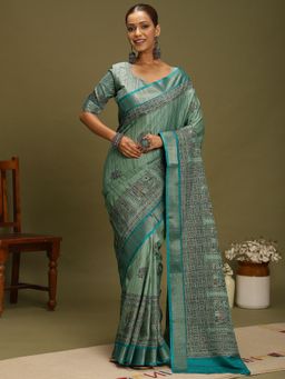 Akhilam - Women's Satin Silk Light Blue Digital Print Saree with Unstitched Blouse