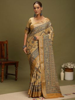 Akhilam - Women's Satin Silk Mustard Digital Print Saree with Unstitched Blouse