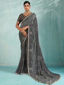 Akhilam - Women's Chiffon Black Printed Designer Saree with Unstitched Blouse