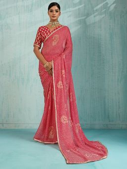 Akhilam - Women's Chiffon Red Printed Designer Saree with Unstitched Blouse