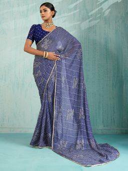 Akhilam - Women's Chiffon Blue Printed Designer Saree with Unstitched Blouse