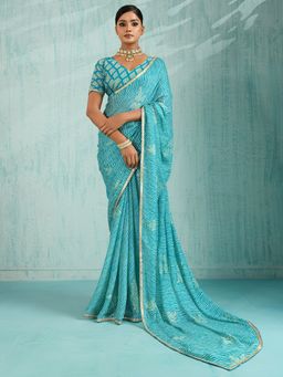 Akhilam - Women's Chiffon Light Blue Printed Designer Saree with Unstitched Blouse