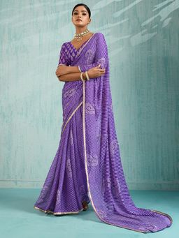 Akhilam - Women's Chiffon Purple Printed Designer Saree with Unstitched Blouse
