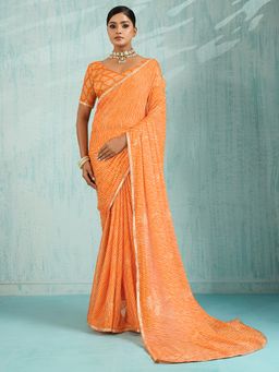 Akhilam - Women's Chiffon Orange Printed Designer Saree with Unstitched Blouse