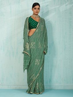 Akhilam - Women's Chiffon Green Printed Designer Saree with Unstitched Blouse