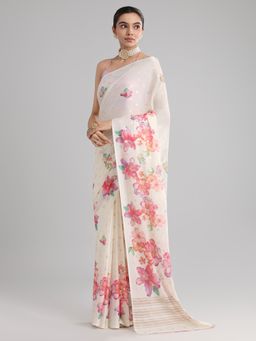 Akhilam - Women's Georgette White Printed Designer Saree with Unstitched Blouse